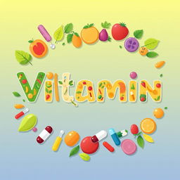 A creative and colorful word frame featuring the word 'Vitamin' in a bold, playful font