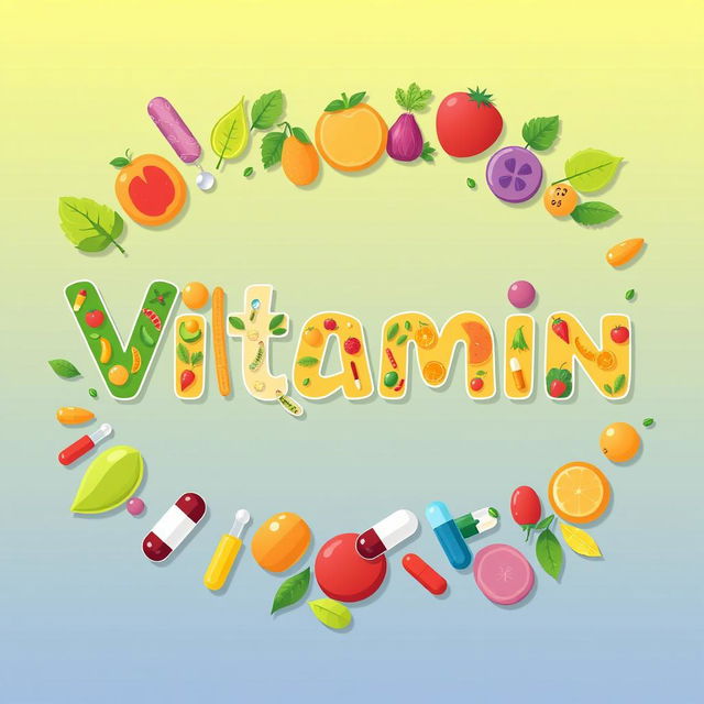 A creative and colorful word frame featuring the word 'Vitamin' in a bold, playful font