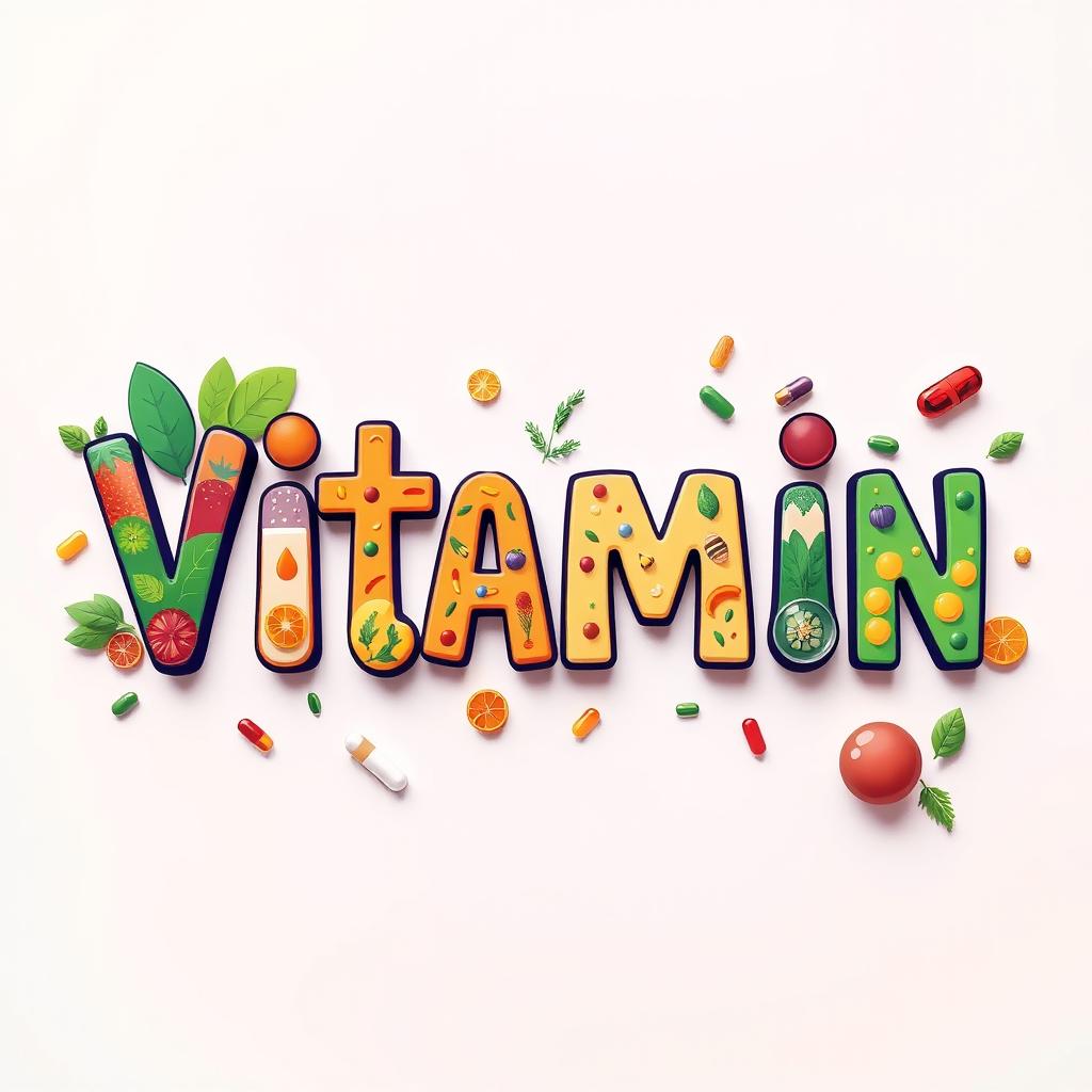 A creative and colorful word frame featuring the word 'Vitamin' in a bold, playful font