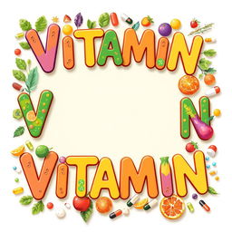 A creative and colorful word frame featuring the word 'Vitamin' in a bold, playful font