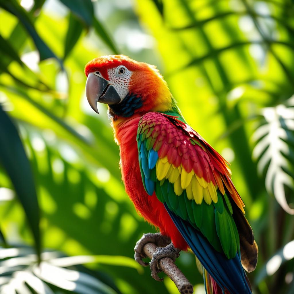 A vibrant and colorful parrot perched on a branch, surrounded by lush green foliage