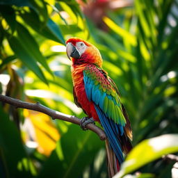 A vibrant and colorful parrot perched on a branch, surrounded by lush green foliage