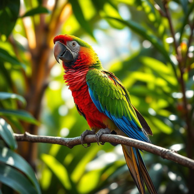 A vibrant and colorful parrot perched on a branch, surrounded by lush green foliage