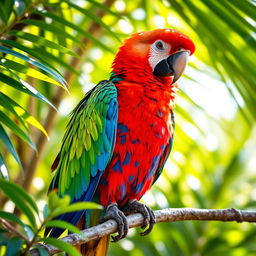 A vibrant and colorful parrot perched on a branch, surrounded by lush green foliage