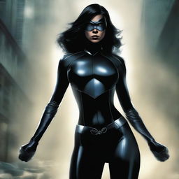 This is a high-quality digital art image, featuring an intimidating and dark superheroine