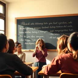 A serene and inspirational scene featuring a kind and wise teacher in a warm classroom atmosphere, surrounded by students who are engaged and listening intently