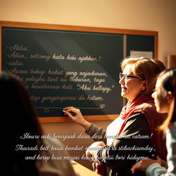 A serene and inspirational scene featuring a kind and wise teacher in a warm classroom atmosphere, surrounded by students who are engaged and listening intently
