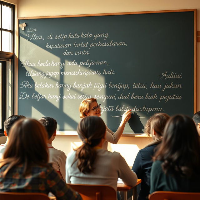 A serene and inspirational scene featuring a kind and wise teacher in a warm classroom atmosphere, surrounded by students who are engaged and listening intently