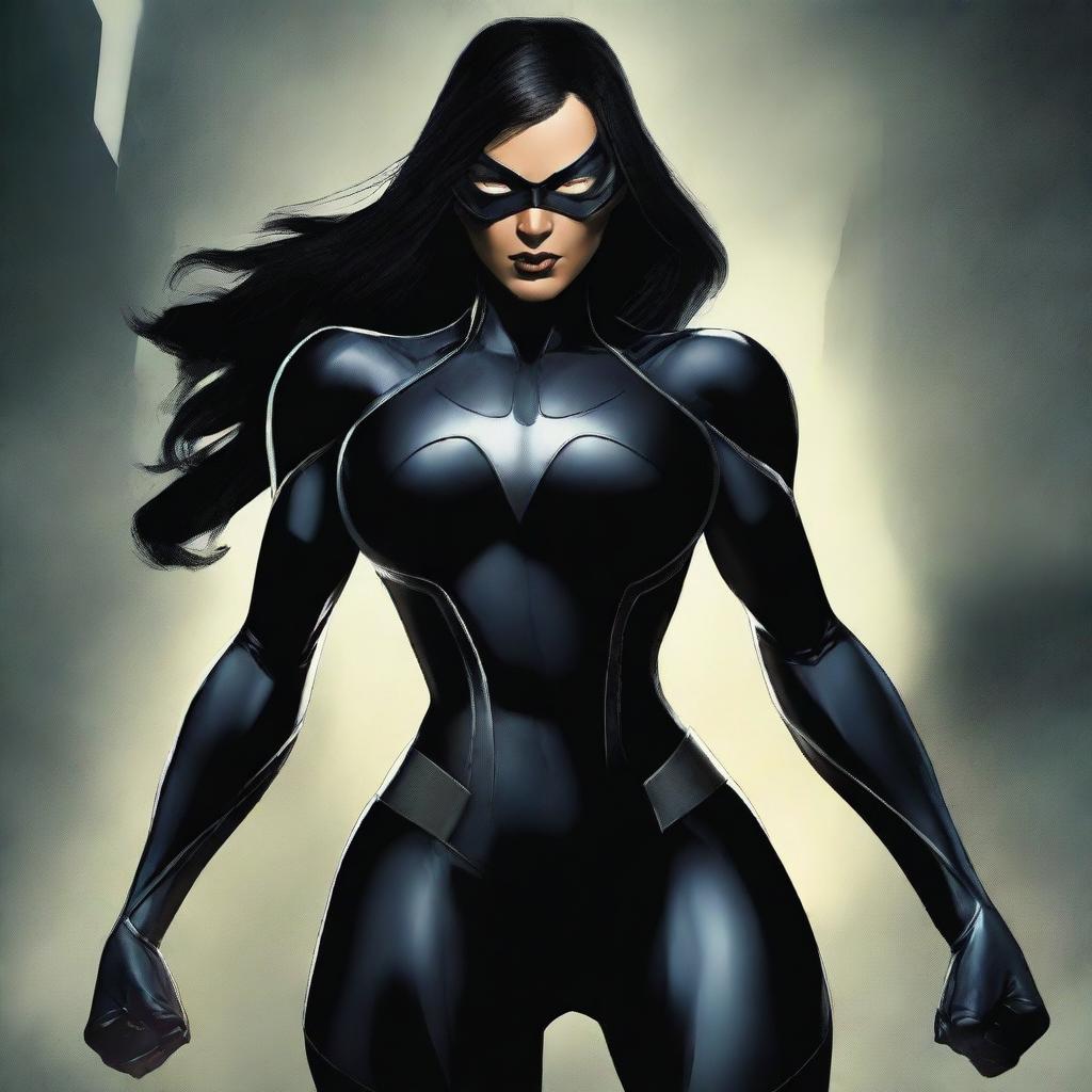 This is a high-quality digital art image, featuring an intimidating and dark superheroine