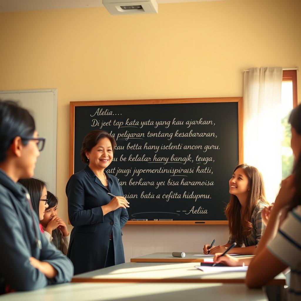 A serene and inspirational scene featuring a kind and wise teacher in a warm classroom atmosphere, surrounded by students who are engaged and listening intently