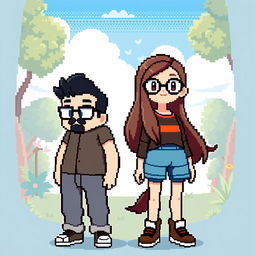 A full-body pixel art representation of a male character with a short beard and mustache, short black hair, and rectangular glasses, alongside a female character with long brown hair and round glasses, designed in a low pixel count style reminiscent of a Pokémon game