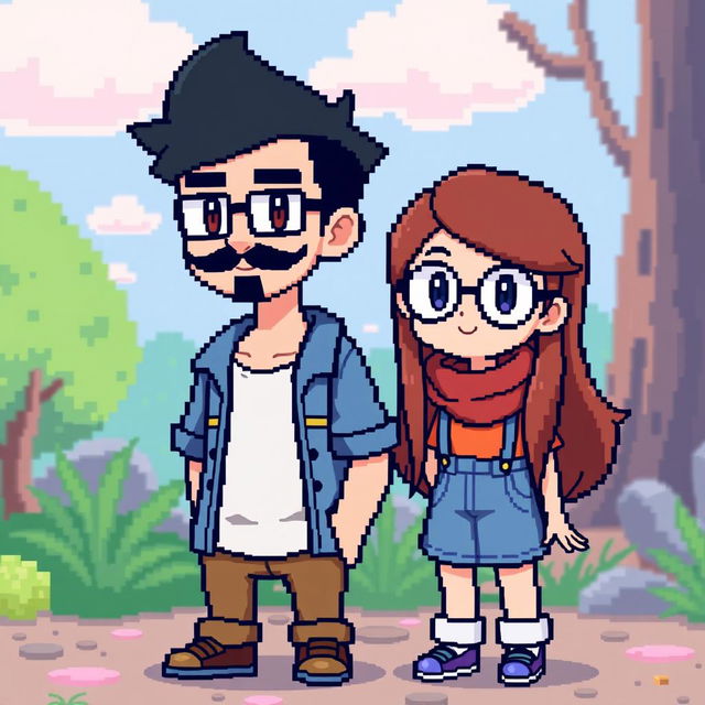 A full-body pixel art representation of a male character with a short beard and mustache, short black hair, and rectangular glasses, alongside a female character with long brown hair and round glasses, designed in a low pixel count style reminiscent of a Pokémon game