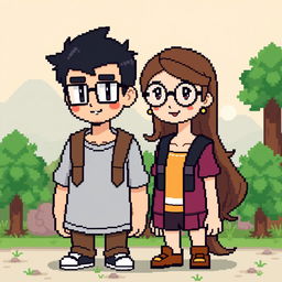 A full-body pixel art representation of a male character with a short beard and mustache, short black hair, and rectangular glasses, alongside a female character with long brown hair and round glasses, designed in a low pixel count style reminiscent of a Pokémon game