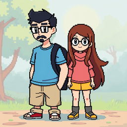A full-body pixel art representation of a male character with a short beard and mustache, short black hair, and rectangular glasses, alongside a female character with long brown hair and round glasses, designed in a low pixel count style reminiscent of a Pokémon game