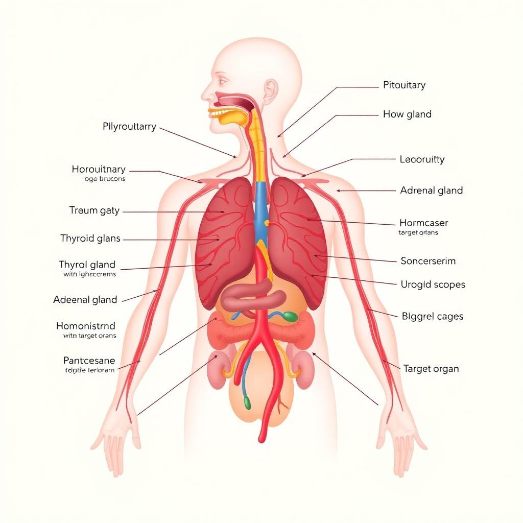 A detailed anatomical illustration showcasing the human endocrine system, including various glands like the pituitary, thyroid, adrenal glands, and pancreas