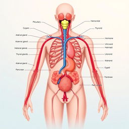 A detailed anatomical illustration showcasing the human endocrine system, including various glands like the pituitary, thyroid, adrenal glands, and pancreas