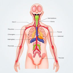 A detailed anatomical illustration showcasing the human endocrine system, including various glands like the pituitary, thyroid, adrenal glands, and pancreas