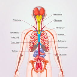 A detailed anatomical illustration showcasing the human endocrine system, including various glands like the pituitary, thyroid, adrenal glands, and pancreas