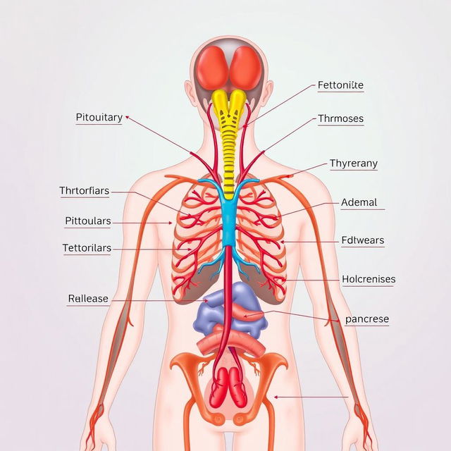 A detailed anatomical illustration showcasing the human endocrine system, including various glands like the pituitary, thyroid, adrenal glands, and pancreas