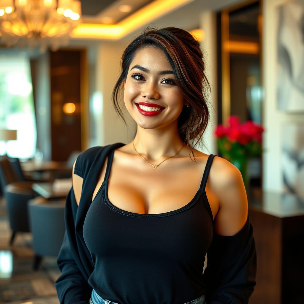 A beautiful 26-year-old Filipino woman with large breasts, dressed in a casual tank top