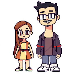 A full-body pixel art representation of a tall male character with a short beard and mustache, short black hair, and rectangular glasses, standing next to a short female character with long brown hair and round glasses