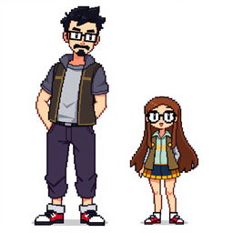 A full-body pixel art representation of a tall male character with a short beard and mustache, short black hair, and rectangular glasses, standing next to a short female character with long brown hair and round glasses