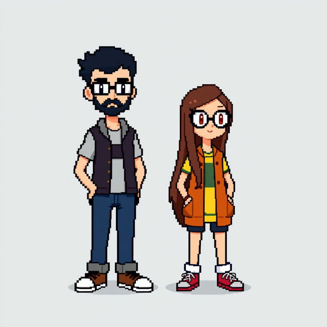 A full-body pixel art representation of a tall male character with a short beard and mustache, short black hair, and rectangular glasses, standing next to a short female character with long brown hair and round glasses