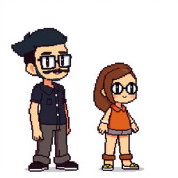 A full-body pixel art representation of a tall male character with a short beard and mustache, short black hair, and rectangular glasses, standing next to a short female character with long brown hair and round glasses