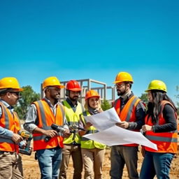 A group of diverse workers outside in a construction site, wearing safety helmets and bright colored vests, some using tools like drills and saws, others discussing plans with blueprints in hand