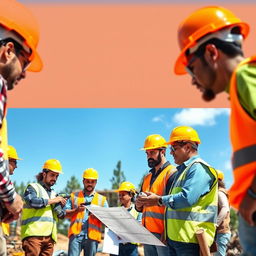 A group of diverse workers outside in a construction site, wearing safety helmets and bright colored vests, some using tools like drills and saws, others discussing plans with blueprints in hand