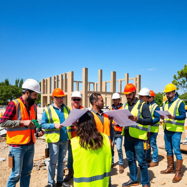 A group of diverse workers outside in a construction site, wearing safety helmets and bright colored vests, some using tools like drills and saws, others discussing plans with blueprints in hand