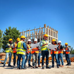 A group of diverse workers outside in a construction site, wearing safety helmets and bright colored vests, some using tools like drills and saws, others discussing plans with blueprints in hand