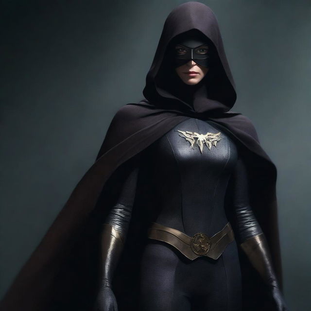 This is a high-quality digital art image, depicting an intimidating and dark superheroine