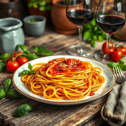 A whimsical scene featuring beautifully arranged spaghetti brule, where the pasta is delicately caramelized on top, with a beautiful golden crust