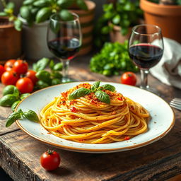 A whimsical scene featuring beautifully arranged spaghetti brule, where the pasta is delicately caramelized on top, with a beautiful golden crust