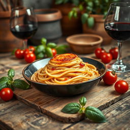 A whimsical scene featuring beautifully arranged spaghetti brule, where the pasta is delicately caramelized on top, with a beautiful golden crust