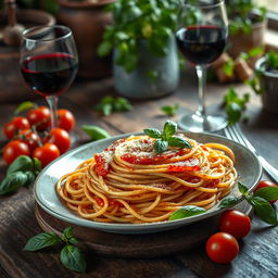 A whimsical scene featuring beautifully arranged spaghetti brule, where the pasta is delicately caramelized on top, with a beautiful golden crust
