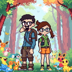 A full-body pixel art depiction of a tall male character with a short beard and mustache, short black hair, and rectangular glasses, alongside a short female character with long brown hair and round glasses