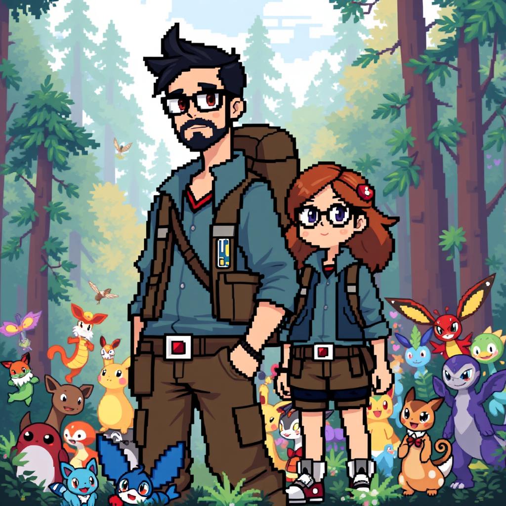 A full-body pixel art depiction of a tall male character with a short beard and mustache, short black hair, and rectangular glasses, alongside a short female character with long brown hair and round glasses