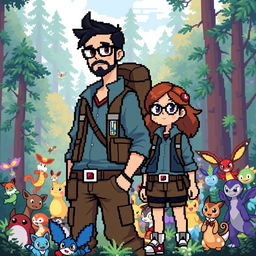 A full-body pixel art depiction of a tall male character with a short beard and mustache, short black hair, and rectangular glasses, alongside a short female character with long brown hair and round glasses