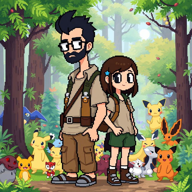 A full-body pixel art depiction of a tall male character with a short beard and mustache, short black hair, and rectangular glasses, alongside a short female character with long brown hair and round glasses