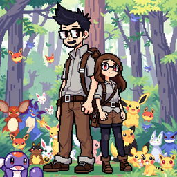 A full-body pixel art depiction of a tall male character with a short beard and mustache, short black hair, and rectangular glasses, alongside a short female character with long brown hair and round glasses