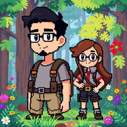 A full-body pixel art representation of a tall male character with short beard and mustache, short black hair, and rectangular glasses, alongside a short female character with long brown hair and round glasses