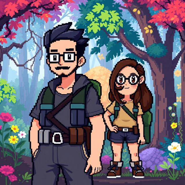 A full-body pixel art representation of a tall male character with short beard and mustache, short black hair, and rectangular glasses, alongside a short female character with long brown hair and round glasses