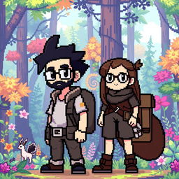 A full-body pixel art representation of a tall male character with short beard and mustache, short black hair, and rectangular glasses, alongside a short female character with long brown hair and round glasses