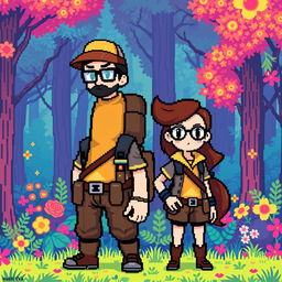 A full-body pixel art representation of a tall male character with short beard and mustache, short black hair, and rectangular glasses, alongside a short female character with long brown hair and round glasses