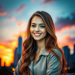 A stunning profile picture of a confident young woman with a radiant smile, set against a vibrant cityscape at sunset