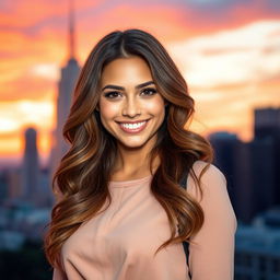 A stunning profile picture of a confident young woman with a radiant smile, set against a vibrant cityscape at sunset