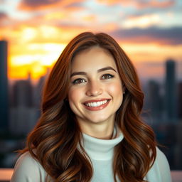A stunning profile picture of a confident young woman with a radiant smile, set against a vibrant cityscape at sunset