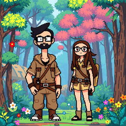 A full-body pixel art depiction of a tall male character with a short beard and mustache, short black hair, and rectangular glasses, alongside a short female character with long brown hair and round glasses